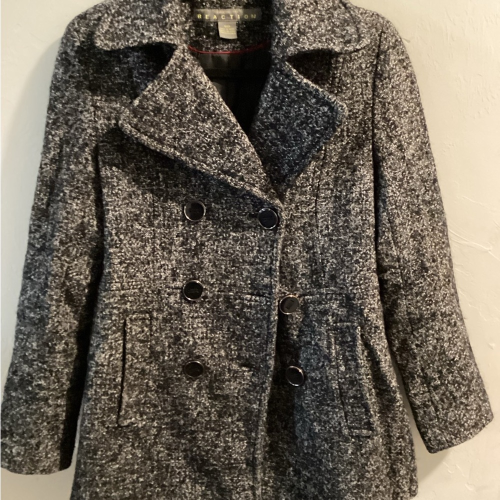 Kenneth Cole Reaction Black and Gray Speckled Double-Breasted Peacoat